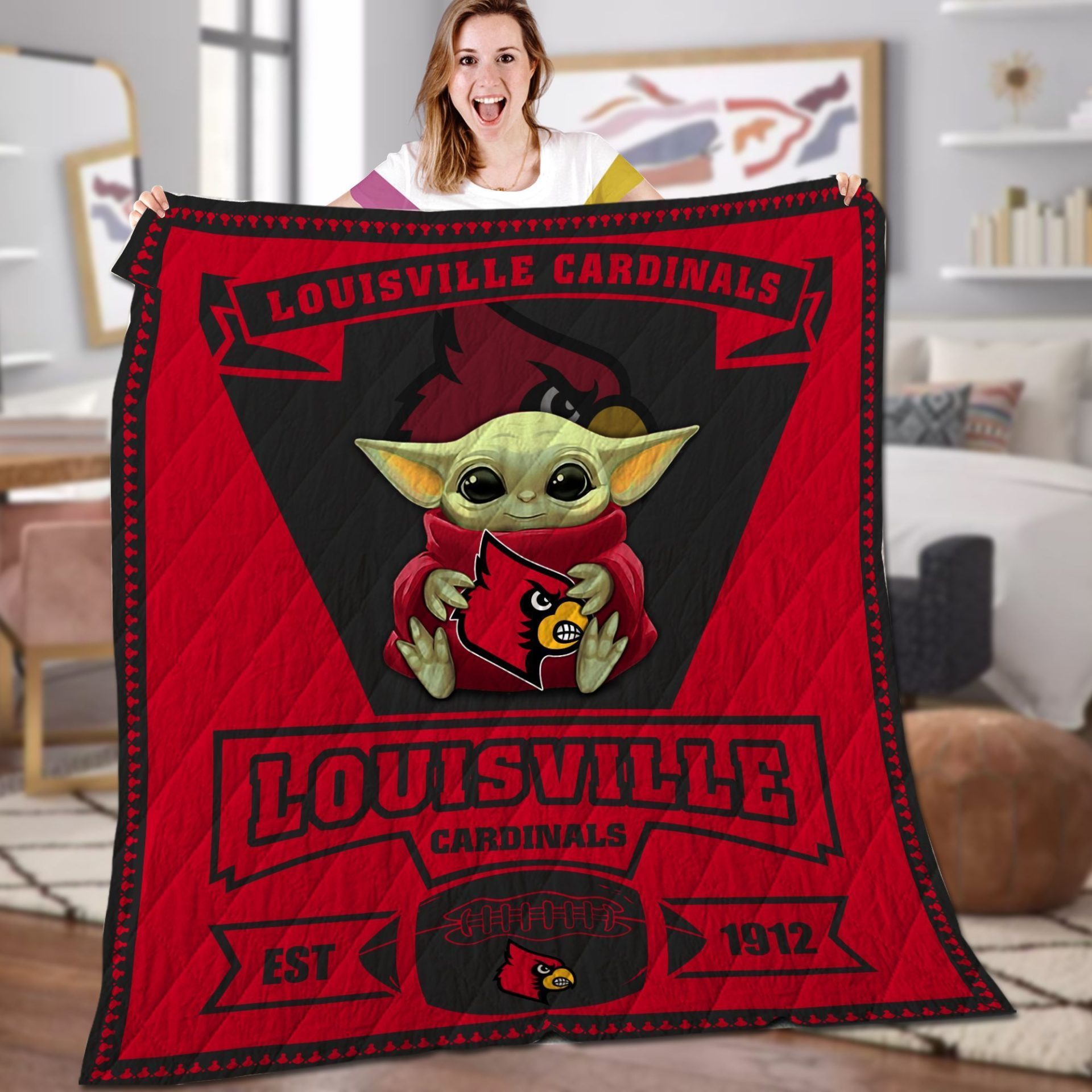 ncaa louisville cardinals name personalized baby yoda quilt fleece blanket wfqf280 irx3g