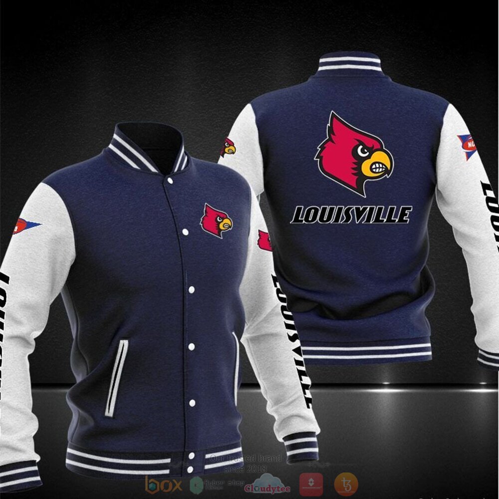 ncaa louisville cardinals navy blue baseball jacket button up zipper hooded all over print 66qzg