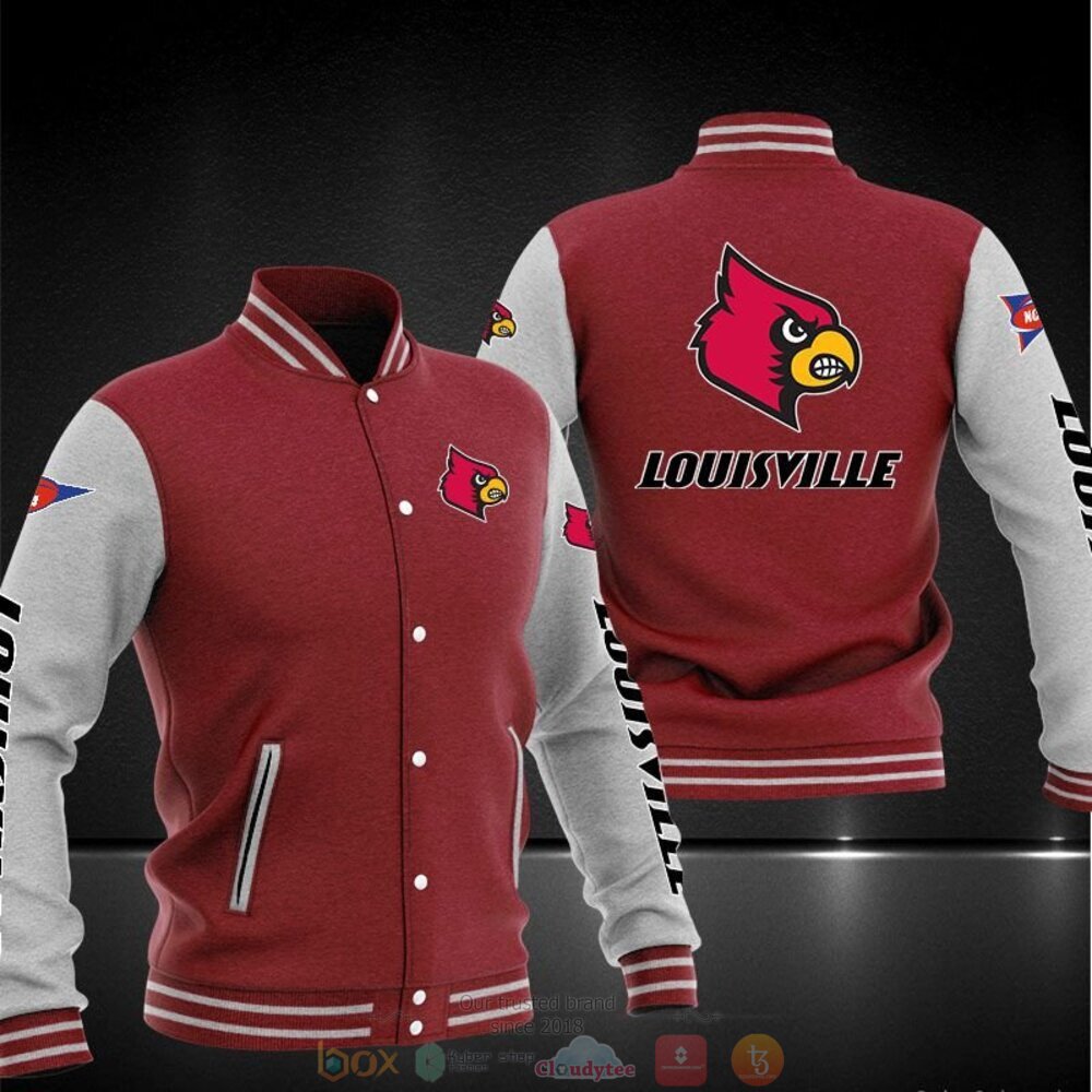 ncaa louisville cardinals red grey baseball jacket button up zipper hooded all over print wha7w