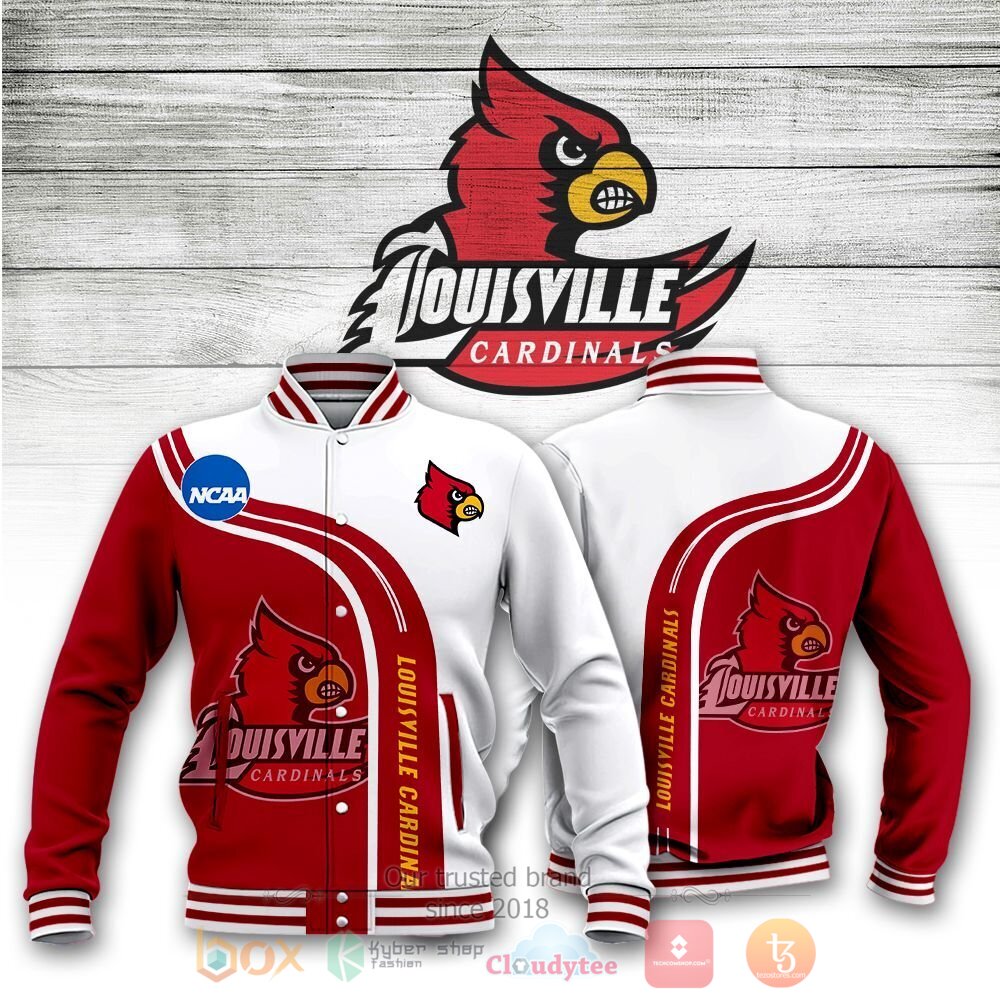 ncaa louisville cardinals red white baseball jacket button up zipper hooded all over print p687z