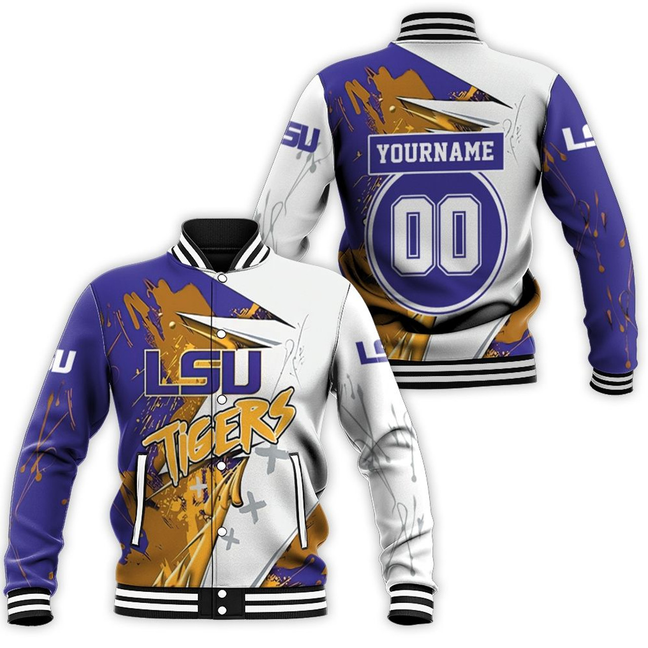 ncaa lsu tigers custom name number purple white baseball jacket button up zipper hooded all over print le2ou