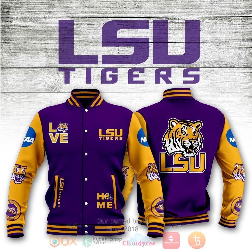 ncaa lsu tigers purple gold baseball jacket button up zipper hooded all over print b0yqf