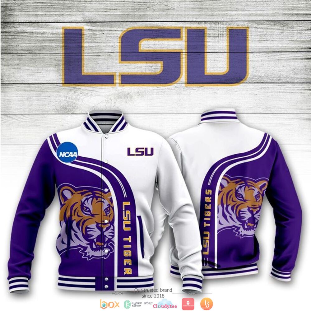 ncaa lsu tigers purple white logo baseball jacket button up zipper hooded all over print k5ebq