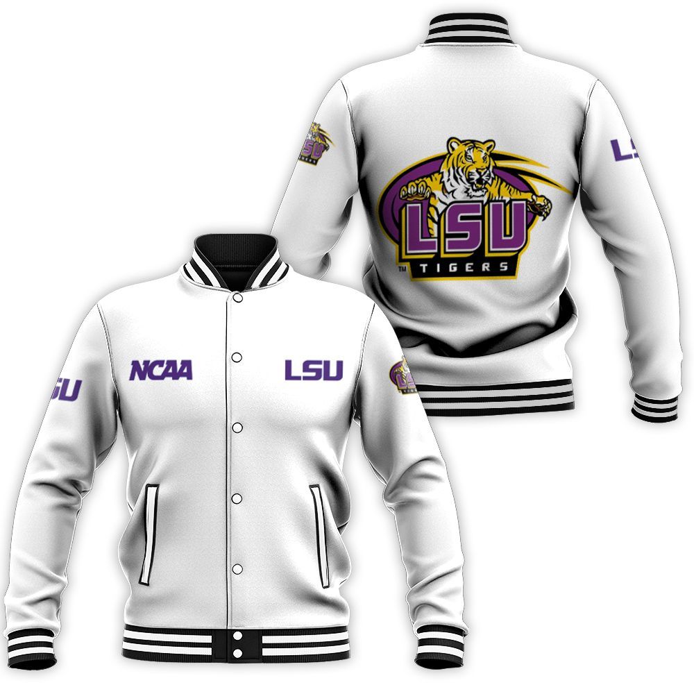 ncaa lsu tigers white baseball jacket button up zipper hooded all over print 5byzh