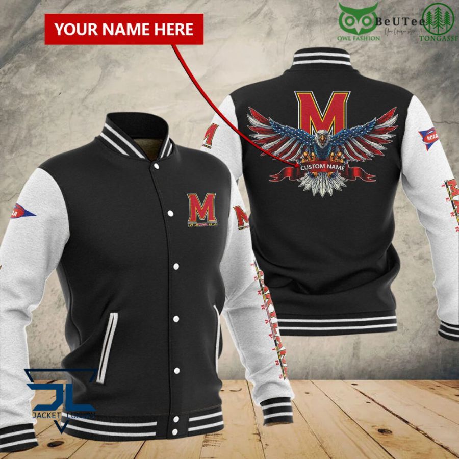 ncaa maryland terrapins custom name black baseball jacket button up zipper hooded all over print e81r3