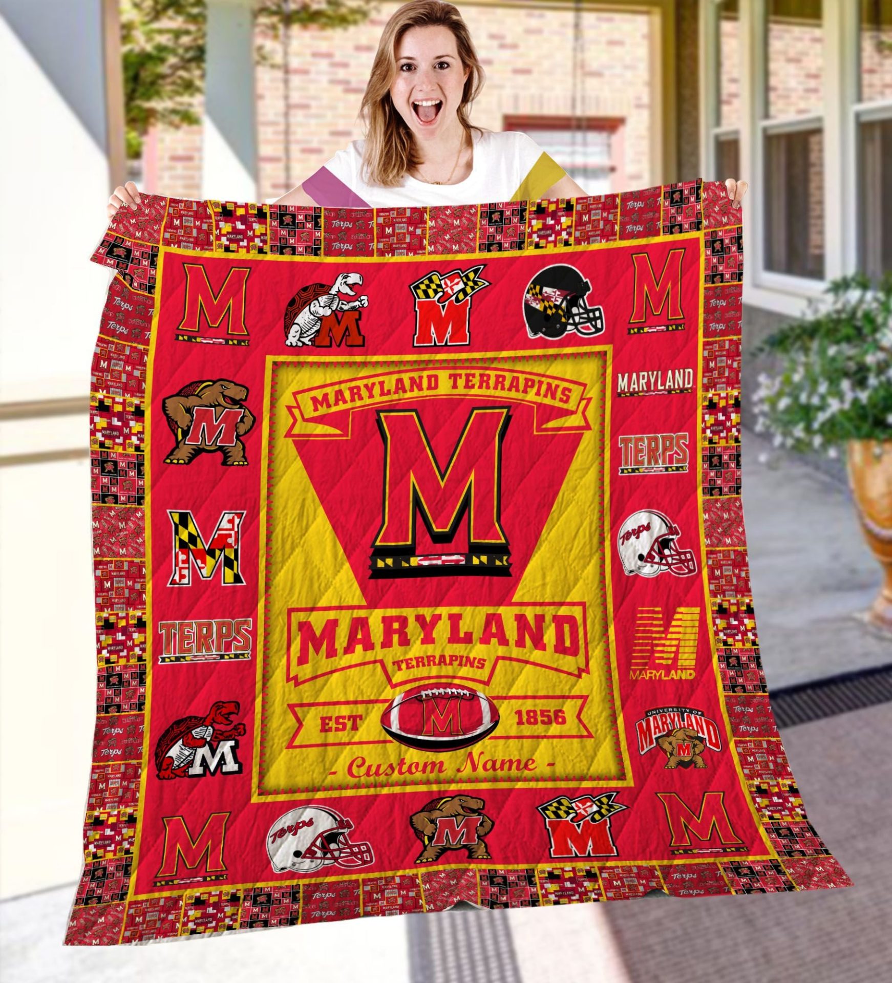 ncaa maryland terrapins name personalized red yellow quilt fleece blanket wfqf314 k78up