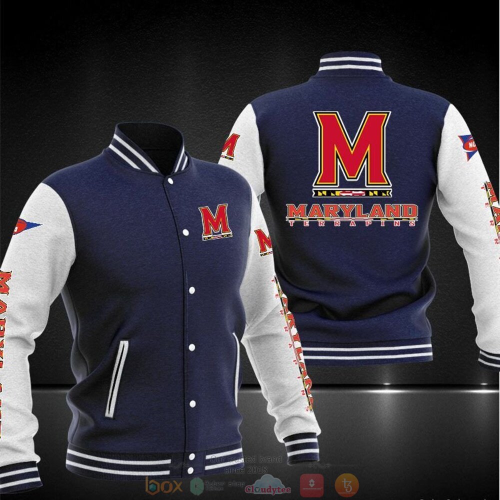 ncaa maryland terrapins navy blue baseball jacket button up zipper hooded all over print dx7bs