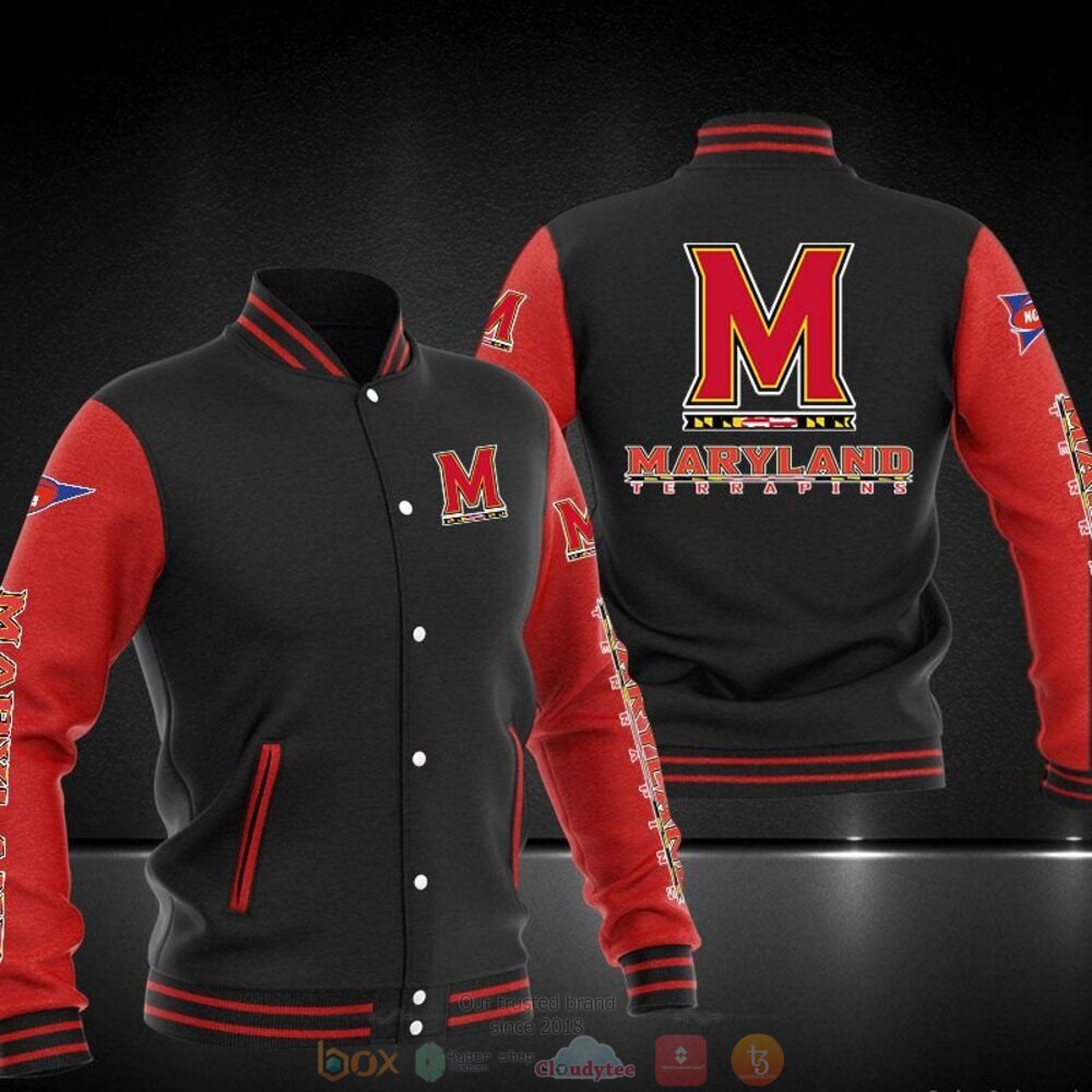 ncaa maryland terrapins red black baseball jacket button up zipper hooded all over print gdlyc