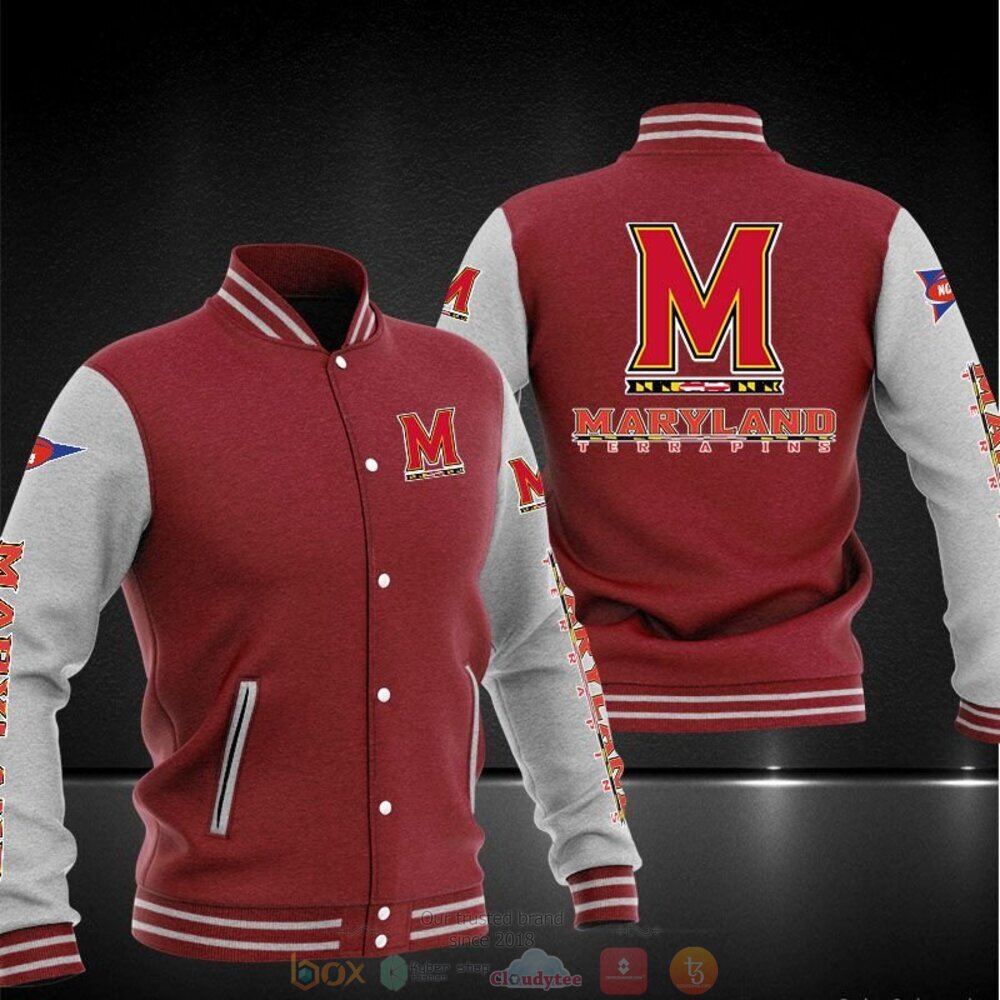 ncaa maryland terrapins red grey baseball jacket button up zipper hooded all over print 1yxiz