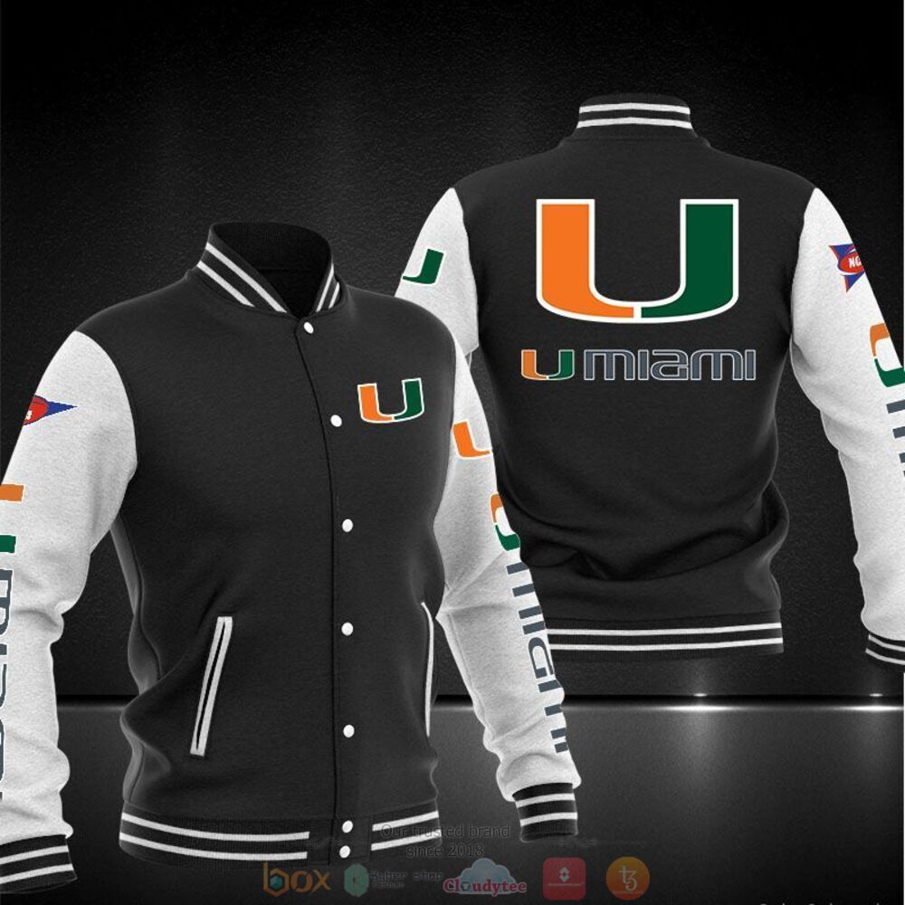 ncaa miami hurricanes black baseball jacket button up zipper hooded all over print 2y7n6