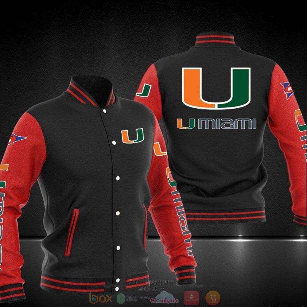 ncaa miami hurricanes black red baseball jacket button up zipper hooded all over print zvy0n