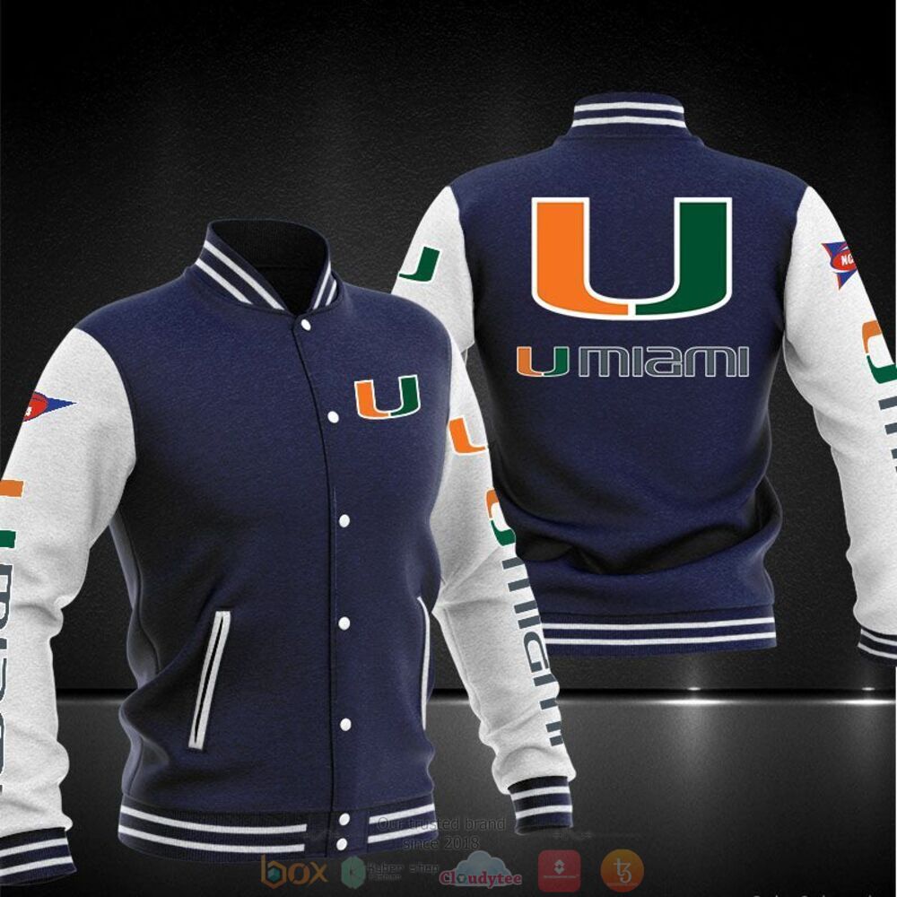 ncaa miami hurricanes navy blue baseball jacket button up zipper hooded all over print jveus