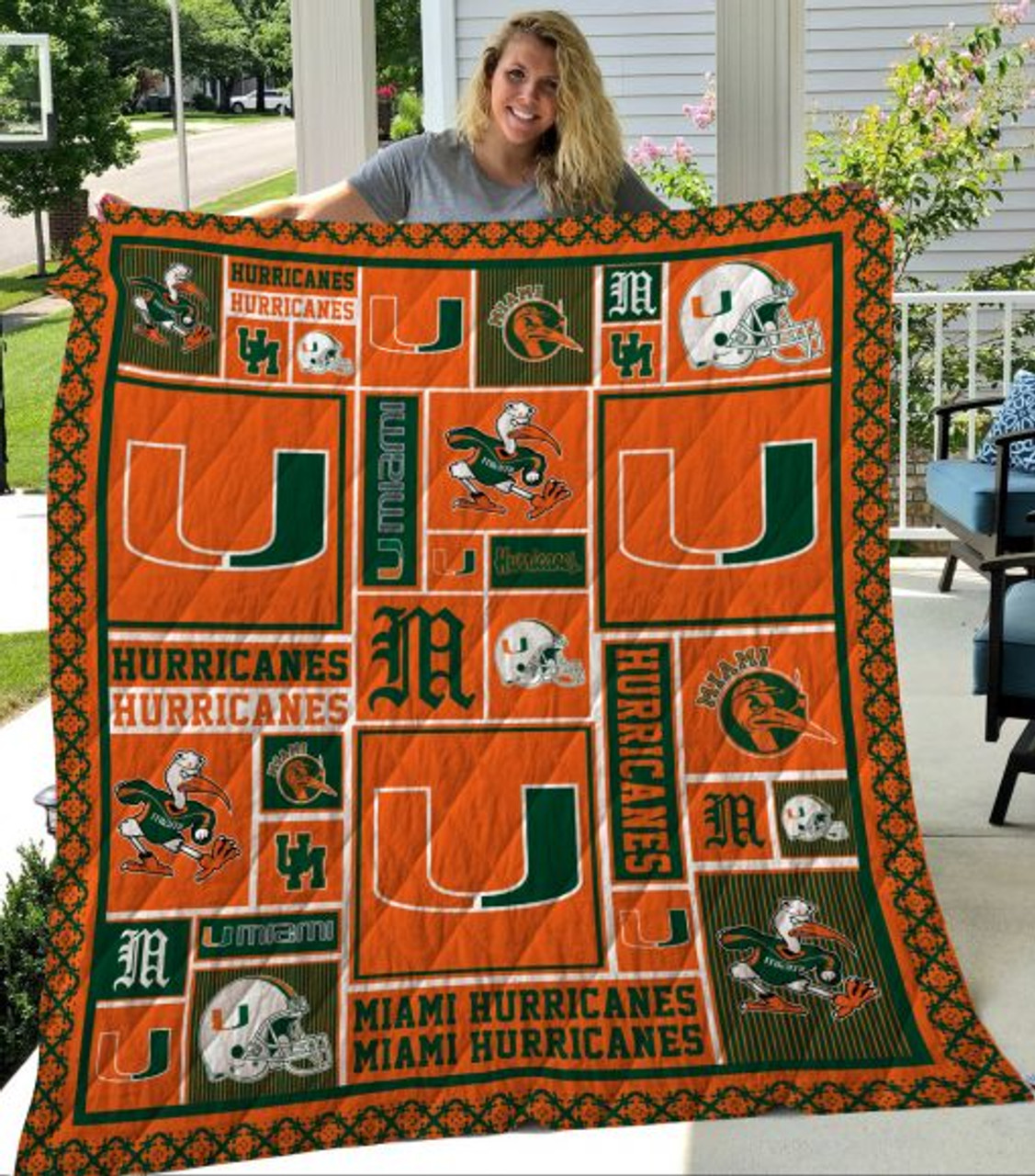 ncaa miami hurricanes orange green mascot quilt fleece blanket v3 wfqf332 ezkny