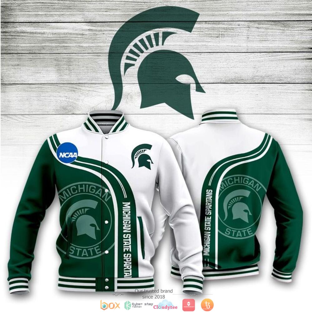 ncaa michigan state spartans green white baseball jacket button up zipper hooded all over print bn3e1