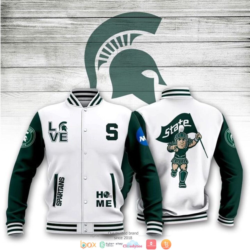 ncaa michigan state spartans white baseball jacket button up zipper hooded all over print f4smq