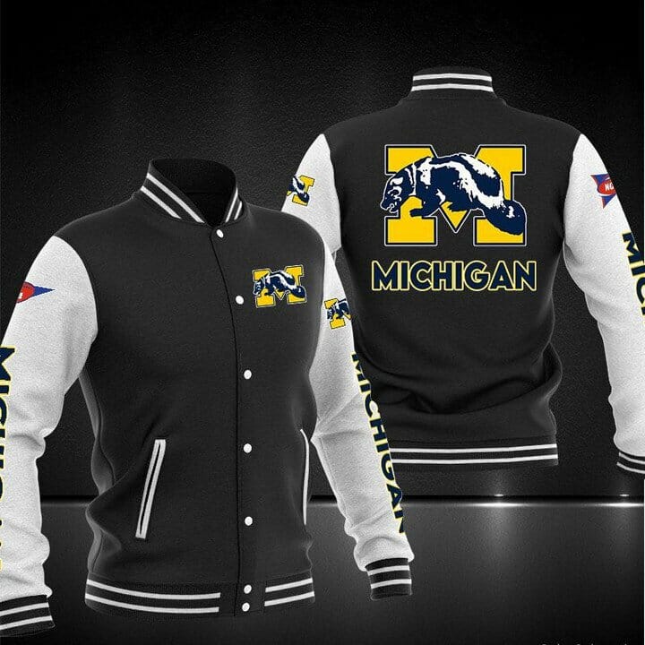 ncaa michigan wolverines black baseball jacket button up zipper hooded all over print q0ul6