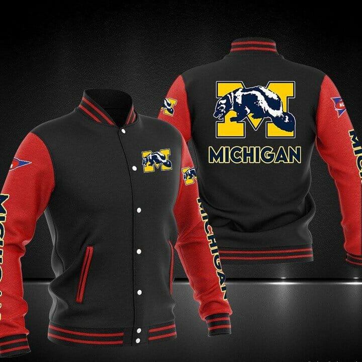 ncaa michigan wolverines black red baseball jacket button up zipper hooded all over print b4kb5