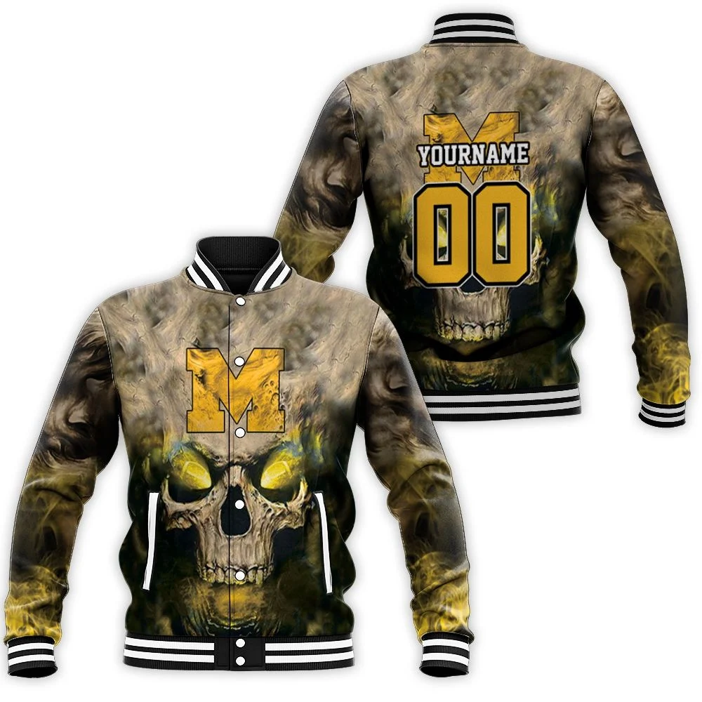 ncaa michigan wolverines custom name number skull baseball jacket button up zipper hooded all over print xbrqf