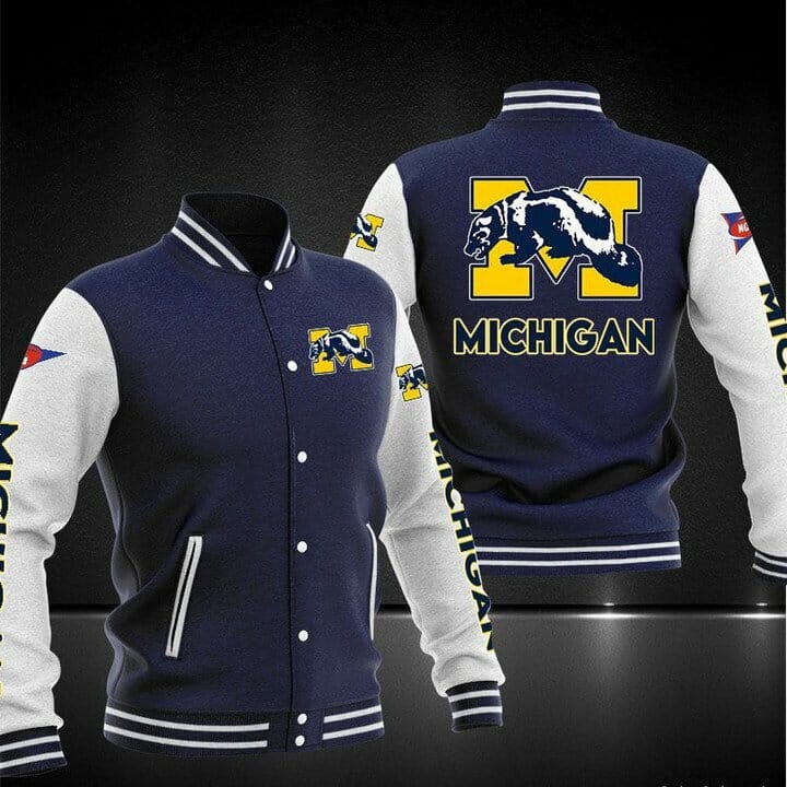 ncaa michigan wolverines navy blue baseball jacket button up zipper hooded all over print fuslv