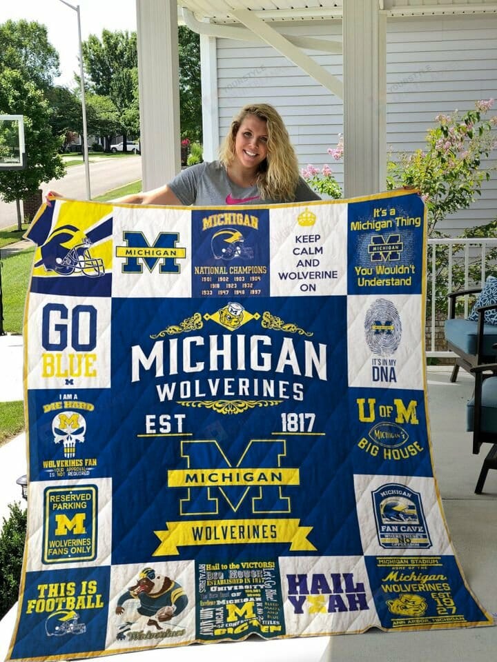 ncaa michigan wolverines navy blue white 1817 quilt fleece blanket wfqf363 lzkg1