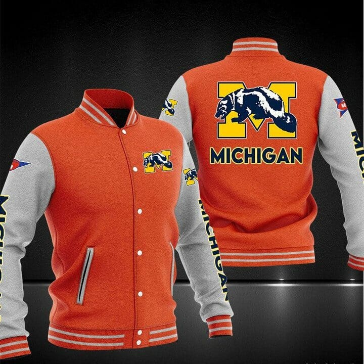 ncaa michigan wolverines orange baseball jacket button up zipper hooded all over print mdsx7