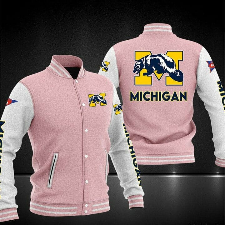 ncaa michigan wolverines pink baseball jacket button up zipper hooded all over print ww4il