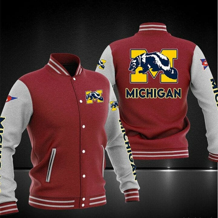 ncaa michigan wolverines red grey baseball jacket button up zipper hooded all over print v8jqk