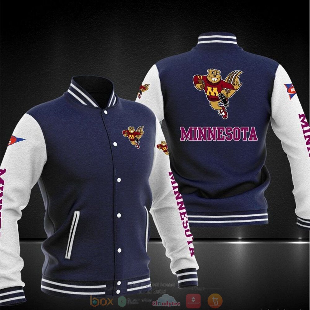 ncaa minnesota golden gophers dark blue white baseball jacket button up zipper hooded all over print bh2ti