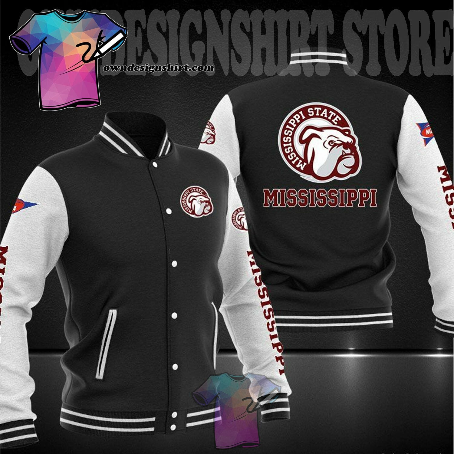 ncaa mississippi state bulldogs black baseball jacket button up zipper hooded all over print o0be4