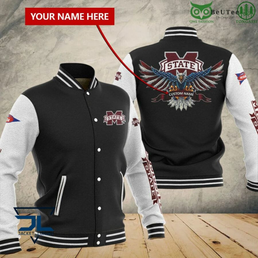 ncaa mississippi state bulldogs custom name black baseball jacket button up zipper hooded all over print 6lyci