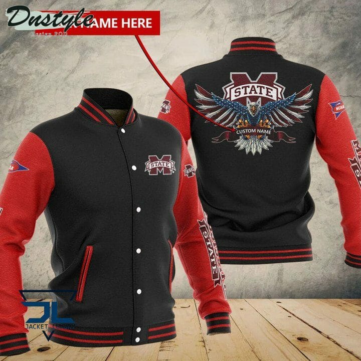 ncaa mississippi state bulldogs custom name black red baseball jacket button up zipper hooded all over print tprku