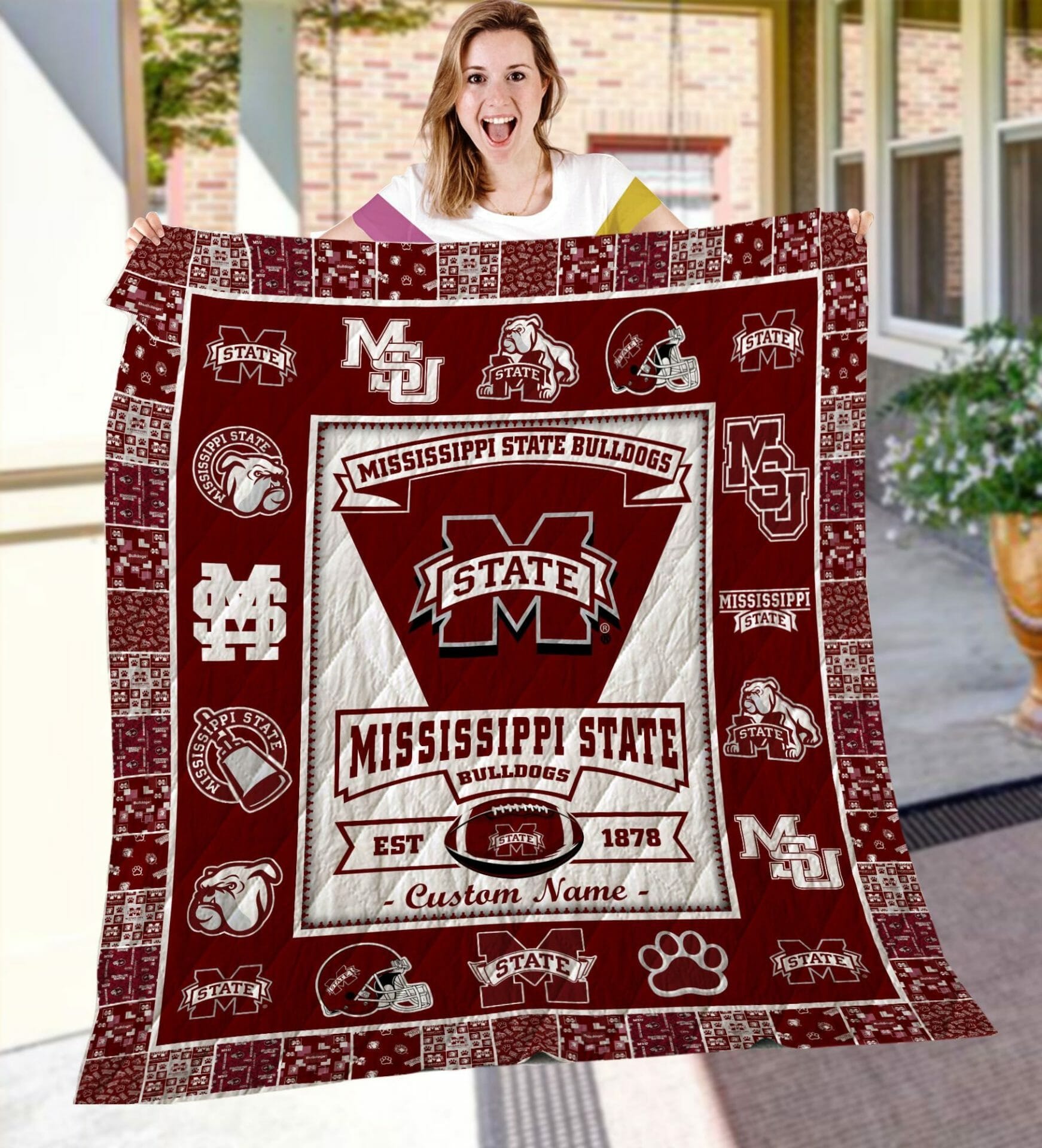 ncaa mississippi state bulldogs name personalized maroon white quilt fleece blanket wfqf375 ofcvz