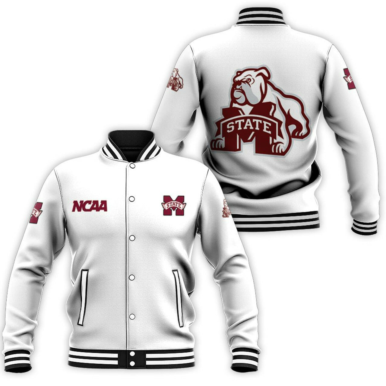 ncaa mississippi state bulldogs white baseball jacket button up zipper hooded all over print pzd33