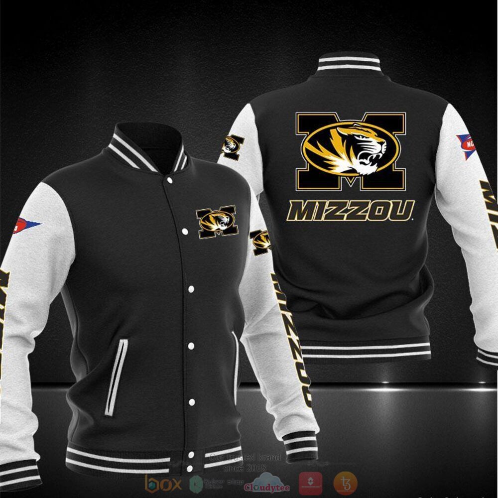 ncaa missouri tigers black baseball jacket button up zipper hooded all over print ayfbm