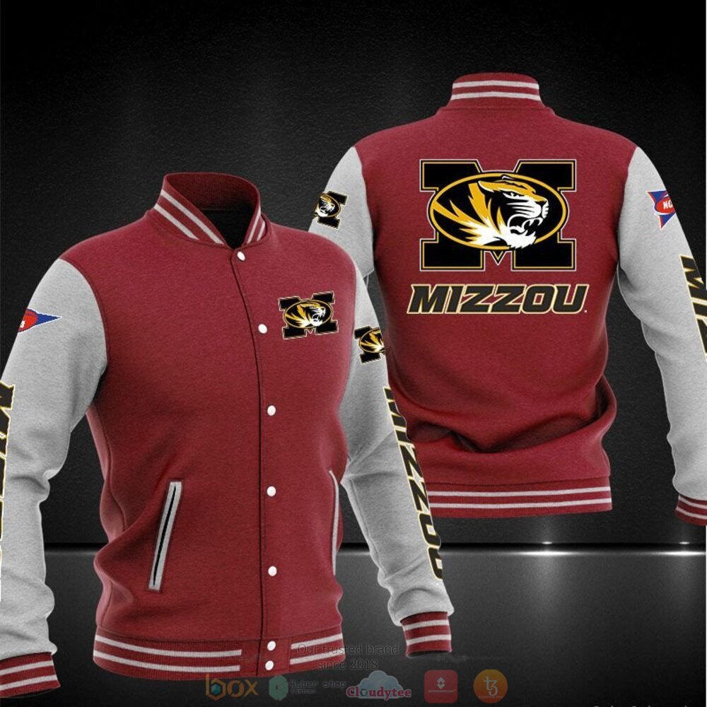 ncaa missouri tigers red grey baseball jacket button up zipper hooded all over print deicu