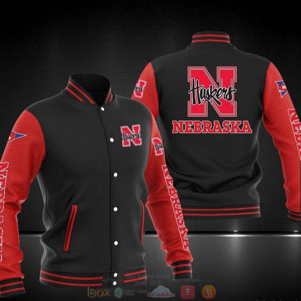 ncaa nebraska cornhuskers black red baseball jacket button up zipper hooded all over print o5g7i