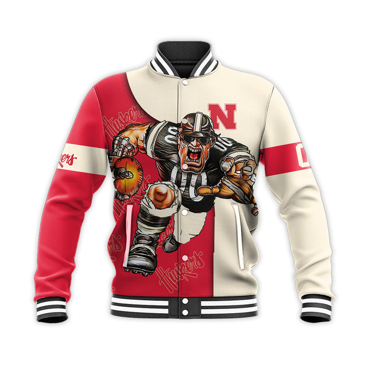 ncaa nebraska cornhuskers custom number red cream baseball jacket button up zipper hooded all over print 3lja0