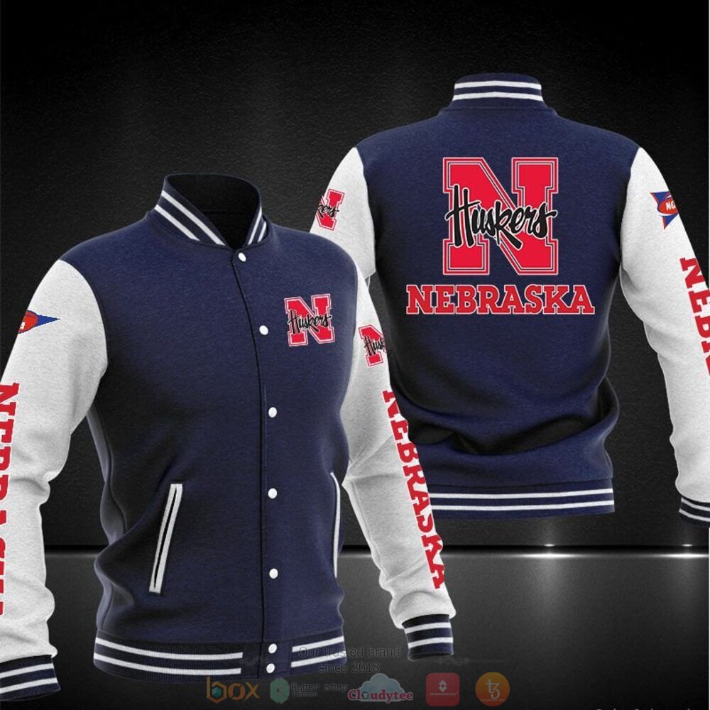 ncaa nebraska cornhuskers navy blue baseball jacket button up zipper hooded all over print qyk3k