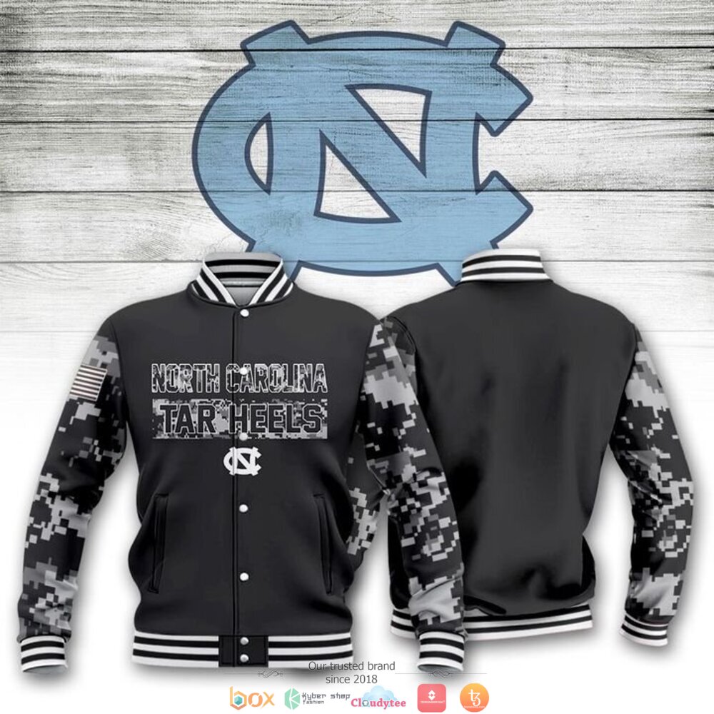 ncaa north carolina tar heels black baseball jacket button up zipper hooded all over print vzn3a