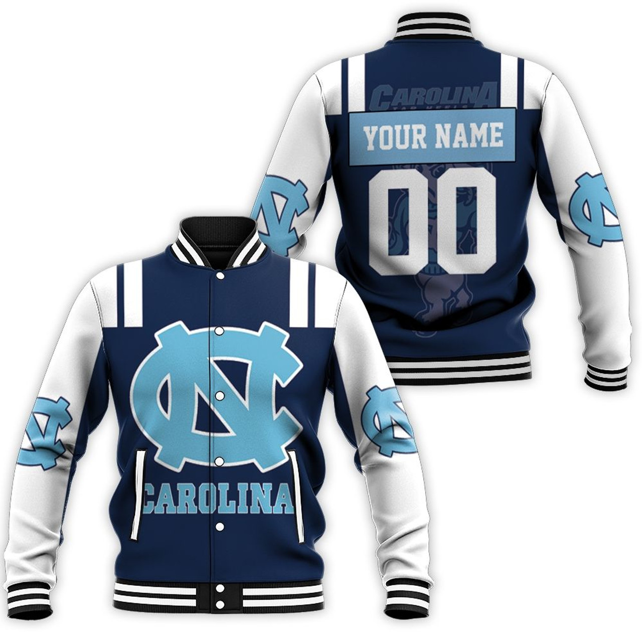 ncaa north carolina tar heels custom name number dark blue baseball jacket button up zipper hooded all over print iu8c4