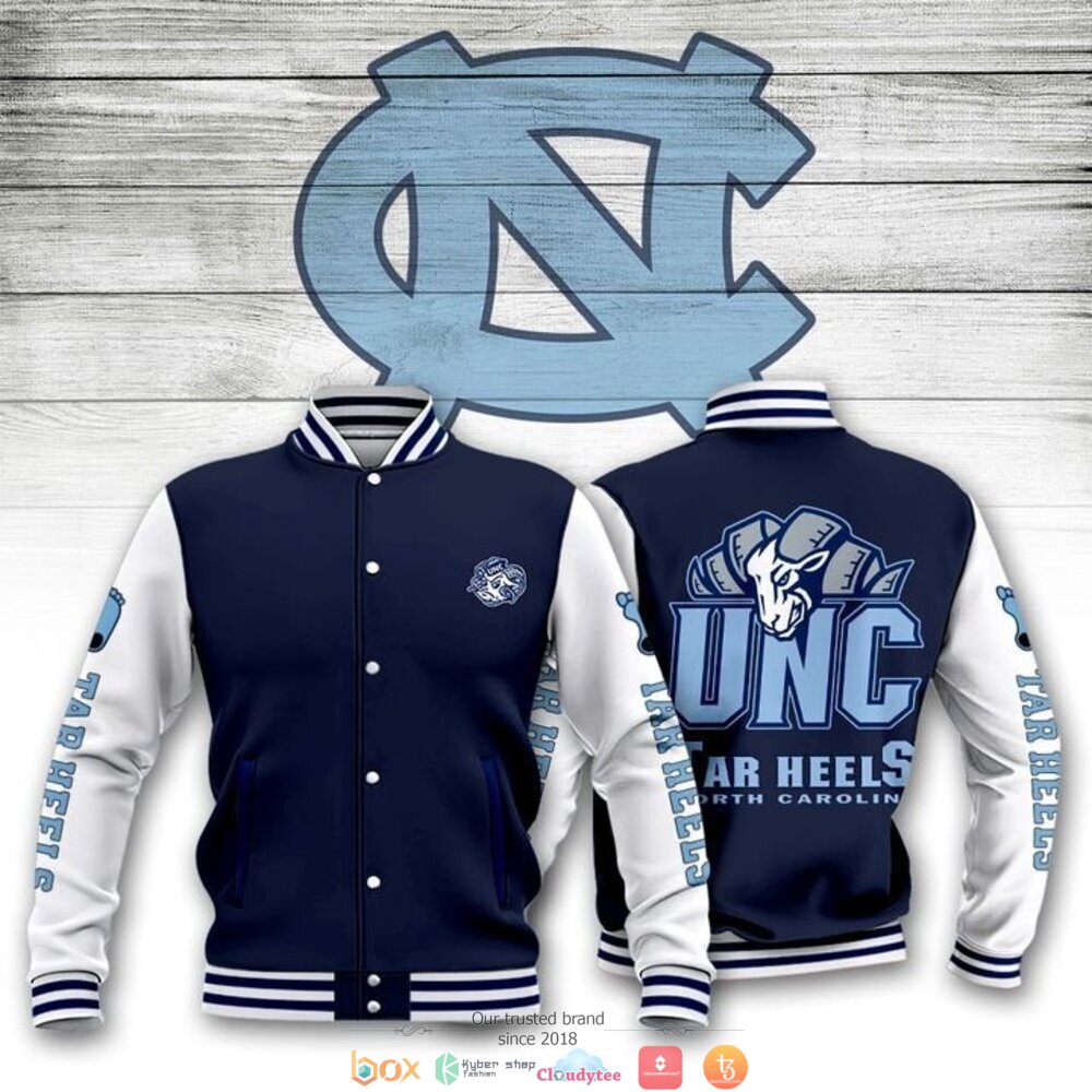 ncaa north carolina tar heels dark blue white baseball jacket button up zipper hooded all over print emy5p