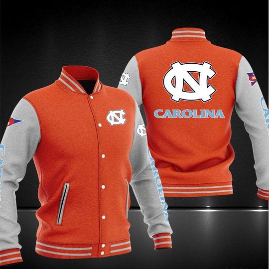 ncaa north carolina tar heels orange baseball jacket button up zipper hooded all over print mokfr