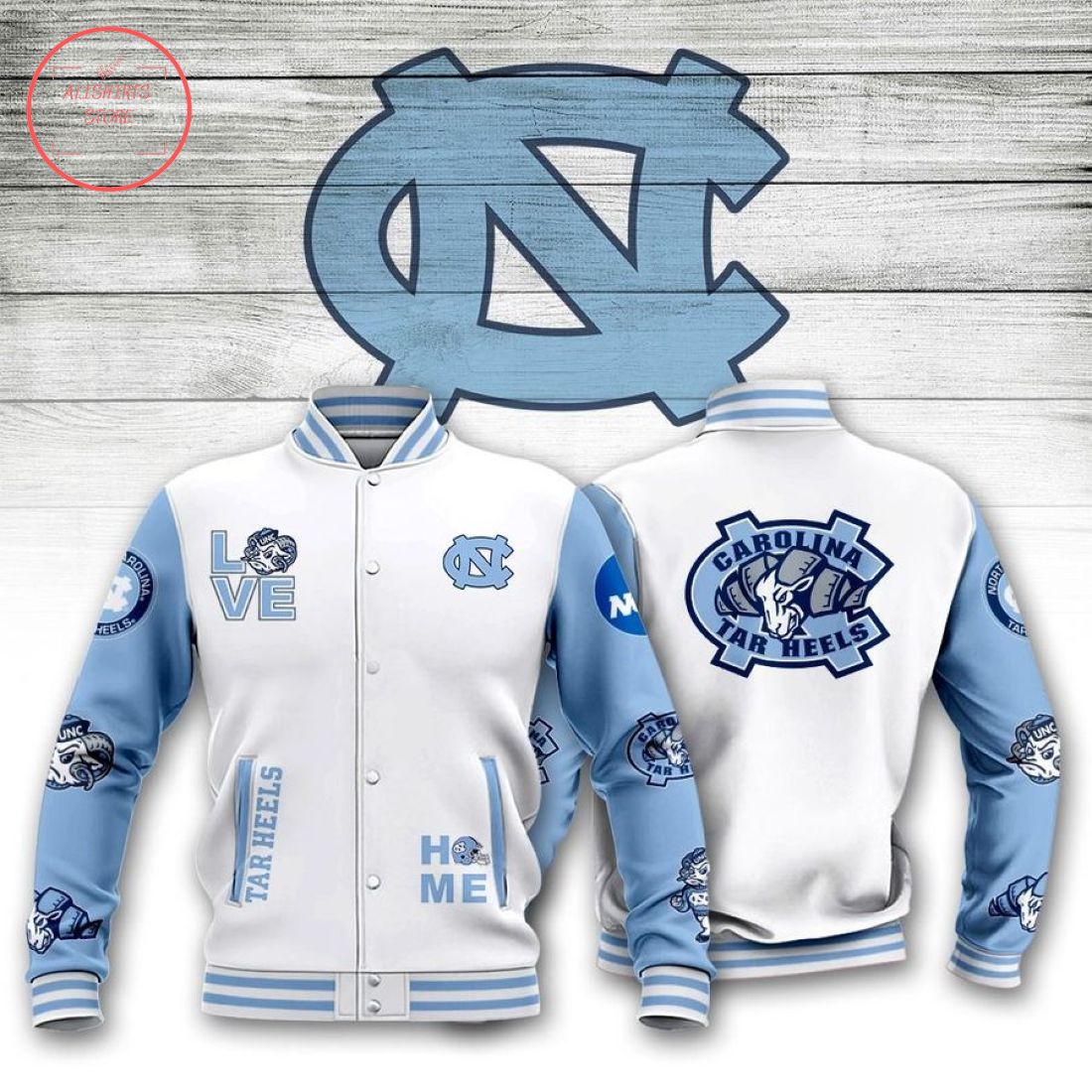 ncaa north carolina tar heels white blue baseball jacket button up zipper hooded all over print whwsu