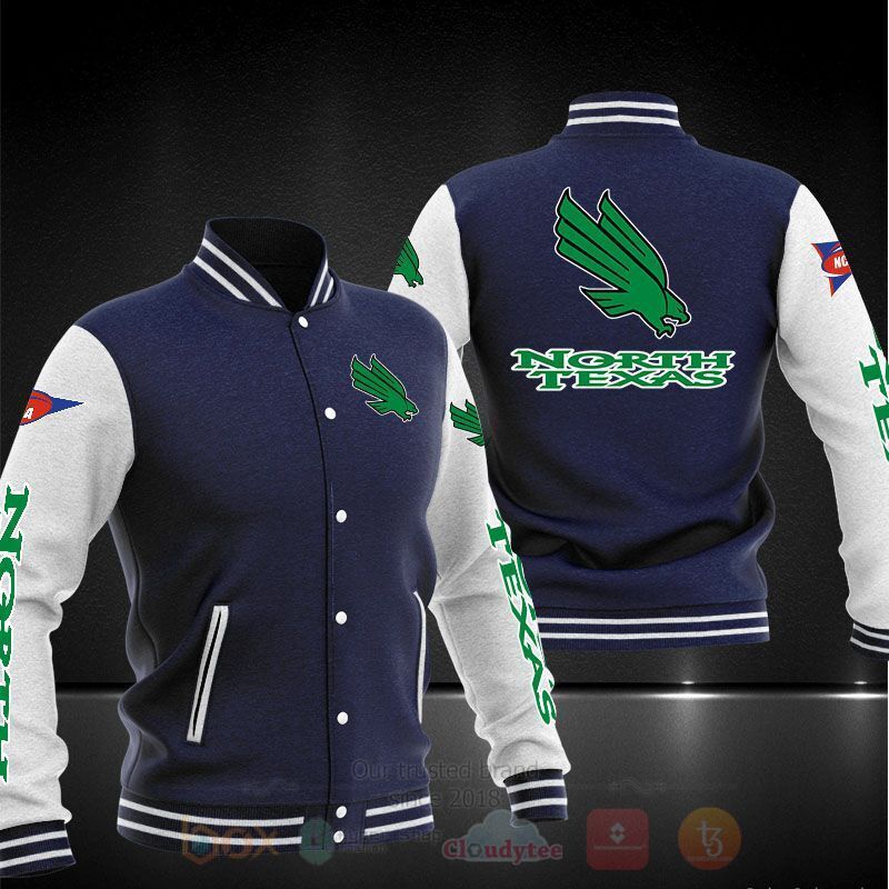 ncaa north texas mean green dark blue white baseball jacket button up zipper hooded all over print coi1q