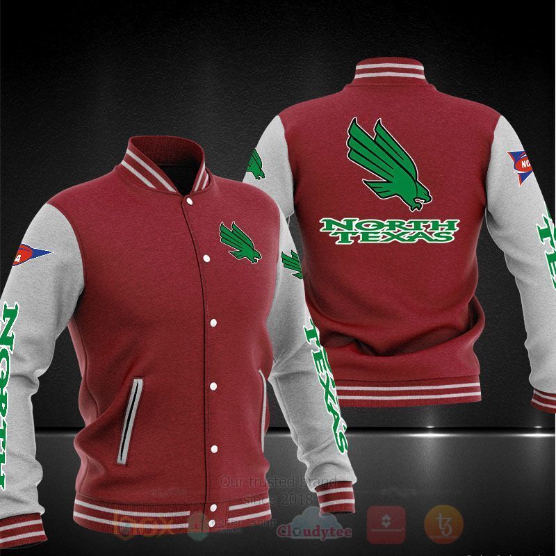 ncaa north texas mean green maroon white baseball jacket button up zipper hooded all over print gf8cs