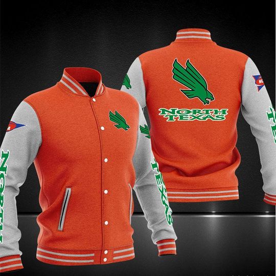 ncaa north texas mean green orange white baseball jacket button up zipper hooded all over print ddanv