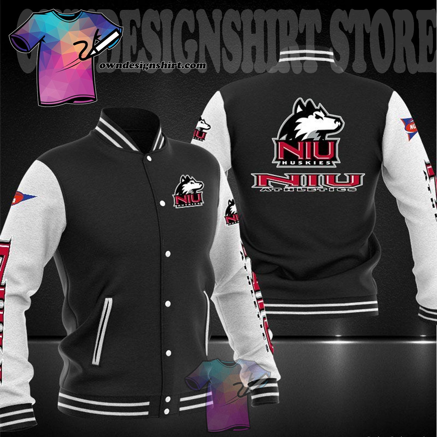 ncaa northern illinois huskies black baseball jacket button up zipper hooded all over print tffxy