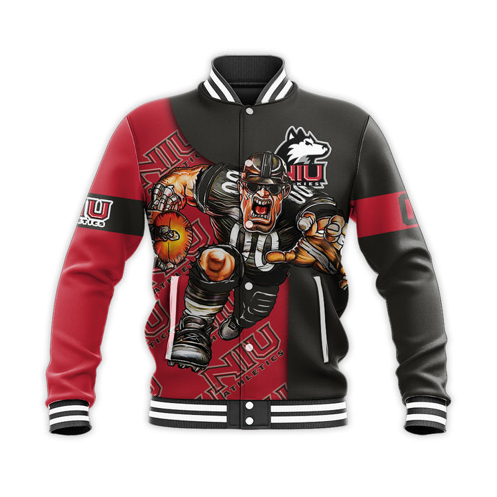 ncaa northern illinois huskies custom number red black baseball jacket button up zipper hooded all over print mbgoe