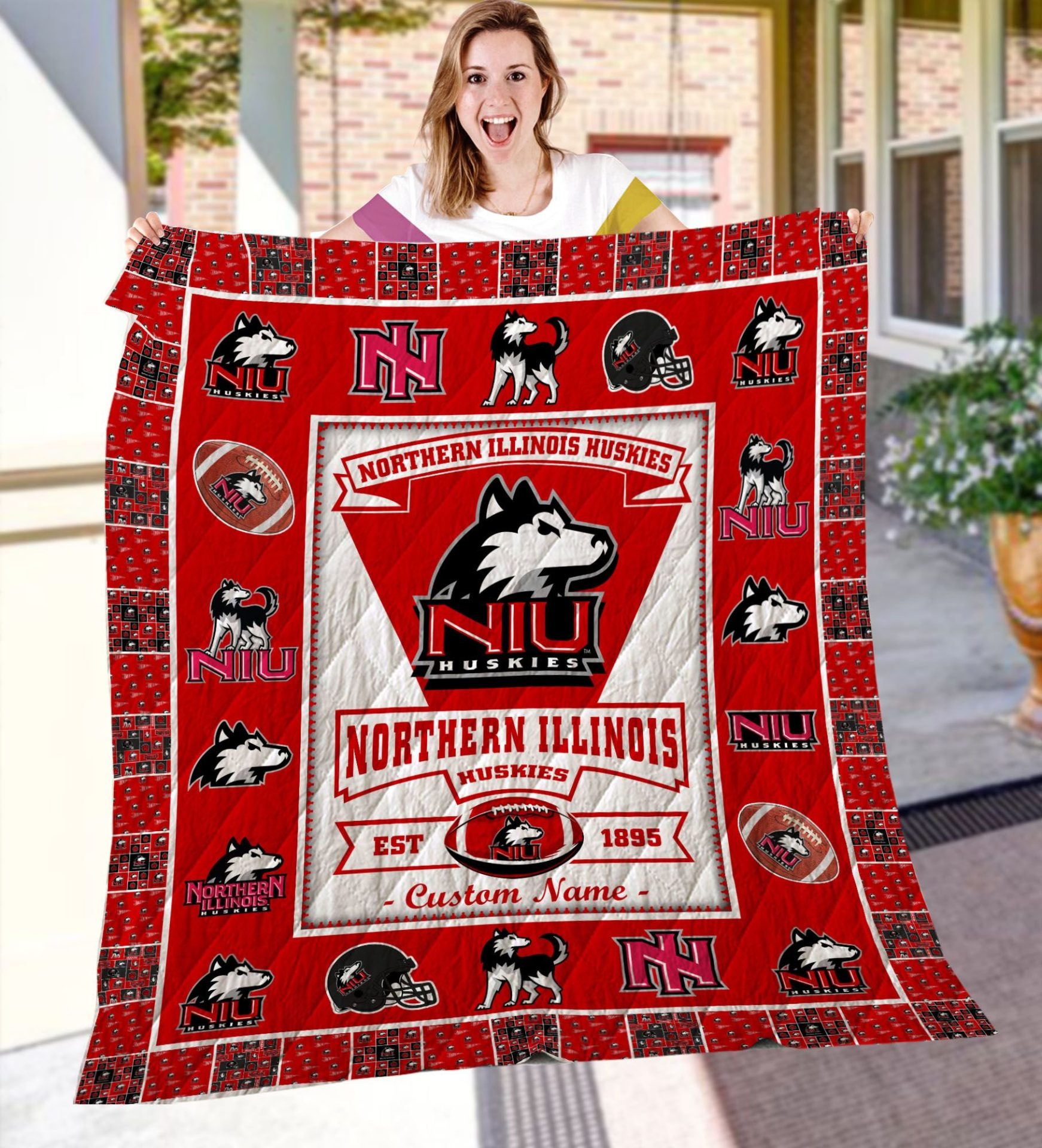 ncaa northern illinois huskies name personalized red est 186 quilt fleece blanket wfqf410 ahqt2