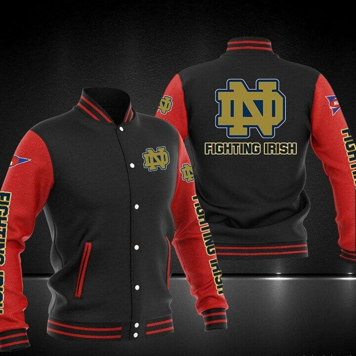 ncaa notre dame fighting irish black red baseball jacket button up zipper hooded all over print zipwo